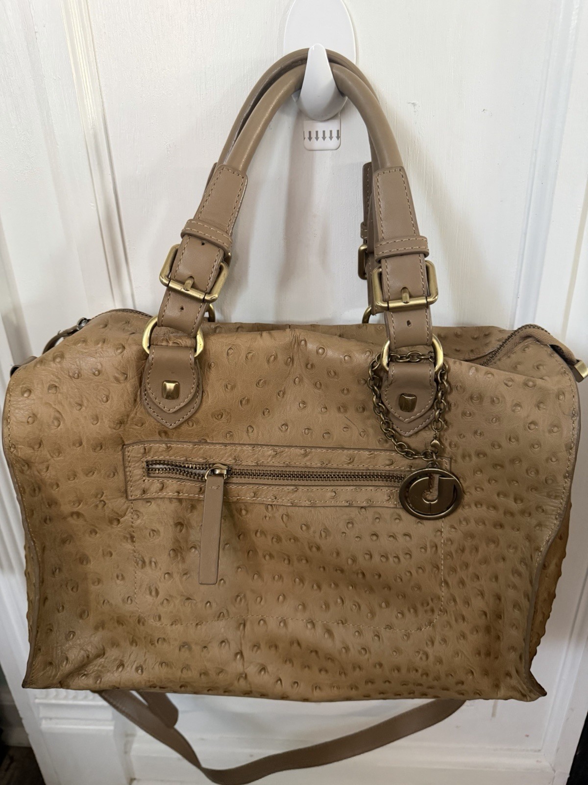 Charles Jourdan Beige Embossed Satchel Top Handle Zip Detachable Strap Gold