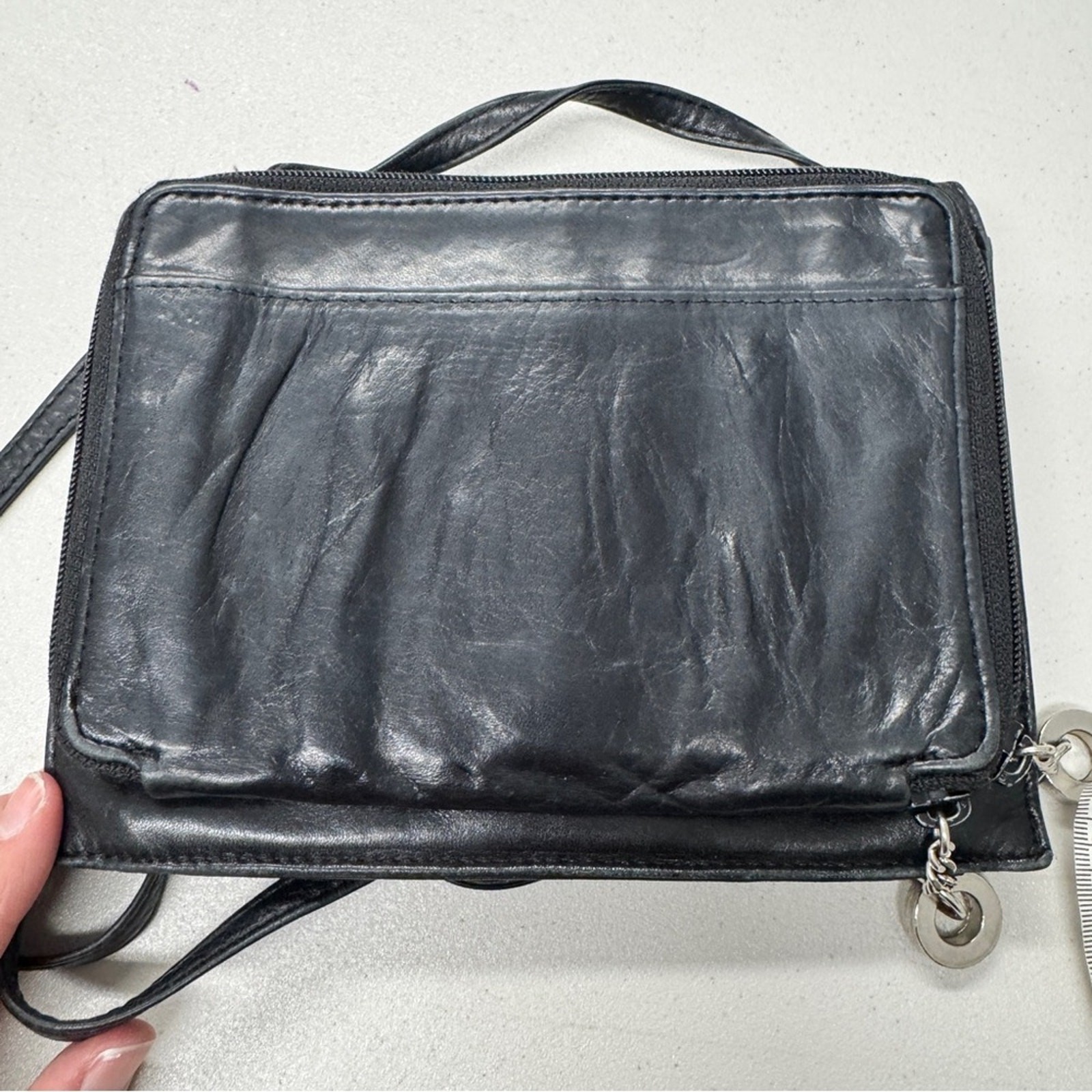 Perlina New York Black Leather Crossbody Bag Handbag Purse Womens Classic