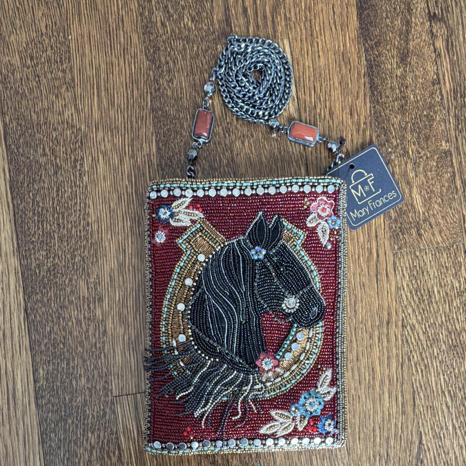 Mary Frances Beaded Horse Red Crossbody Bag Silver Chain Strap Zip Closure