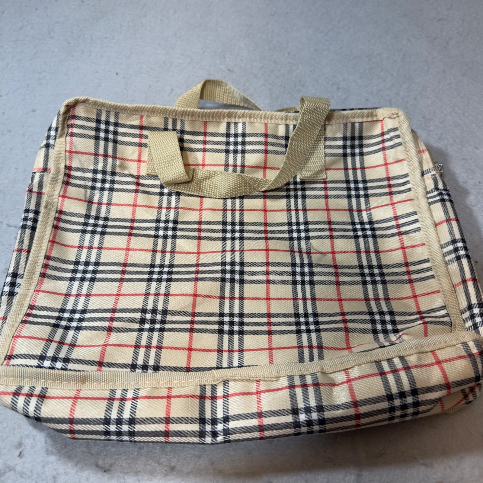 Vintage Style Plaid Check Tote Bag Beige Red Black Zippered Handbag Utility