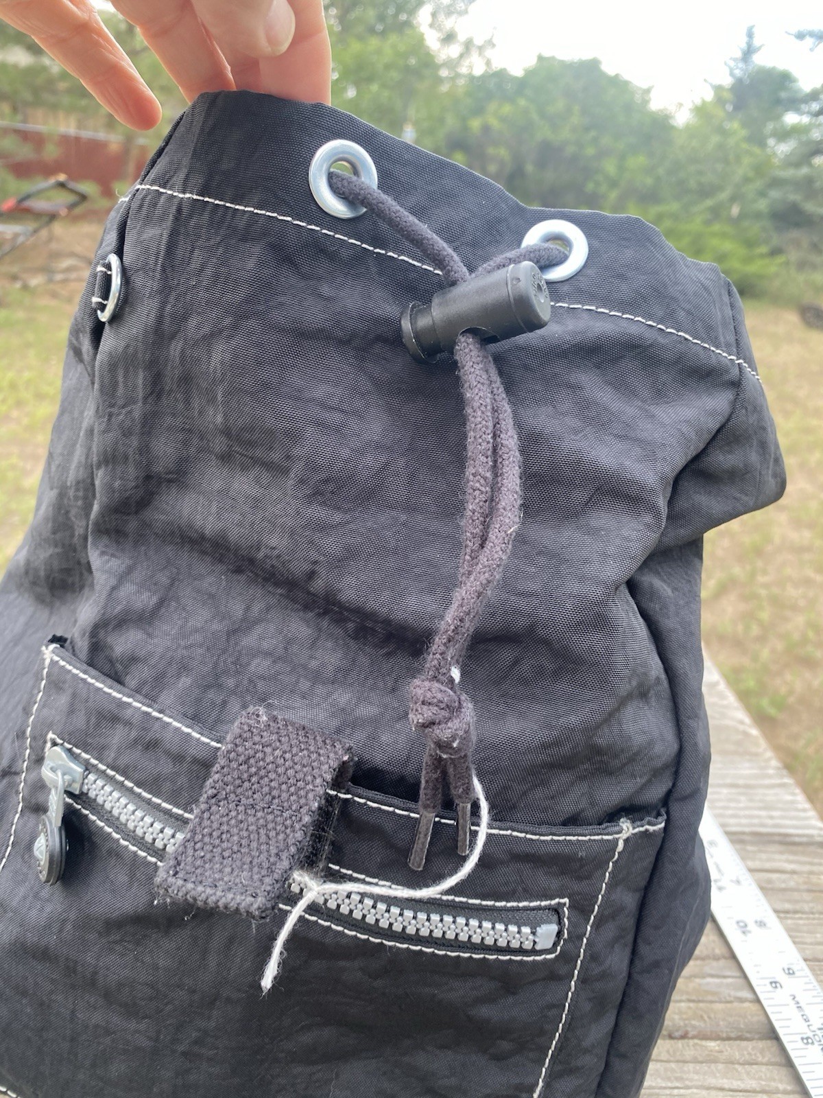 Kipling Keeper Black Crinkle Backpack Bookbag Drawstring Hook & Loop VGC
