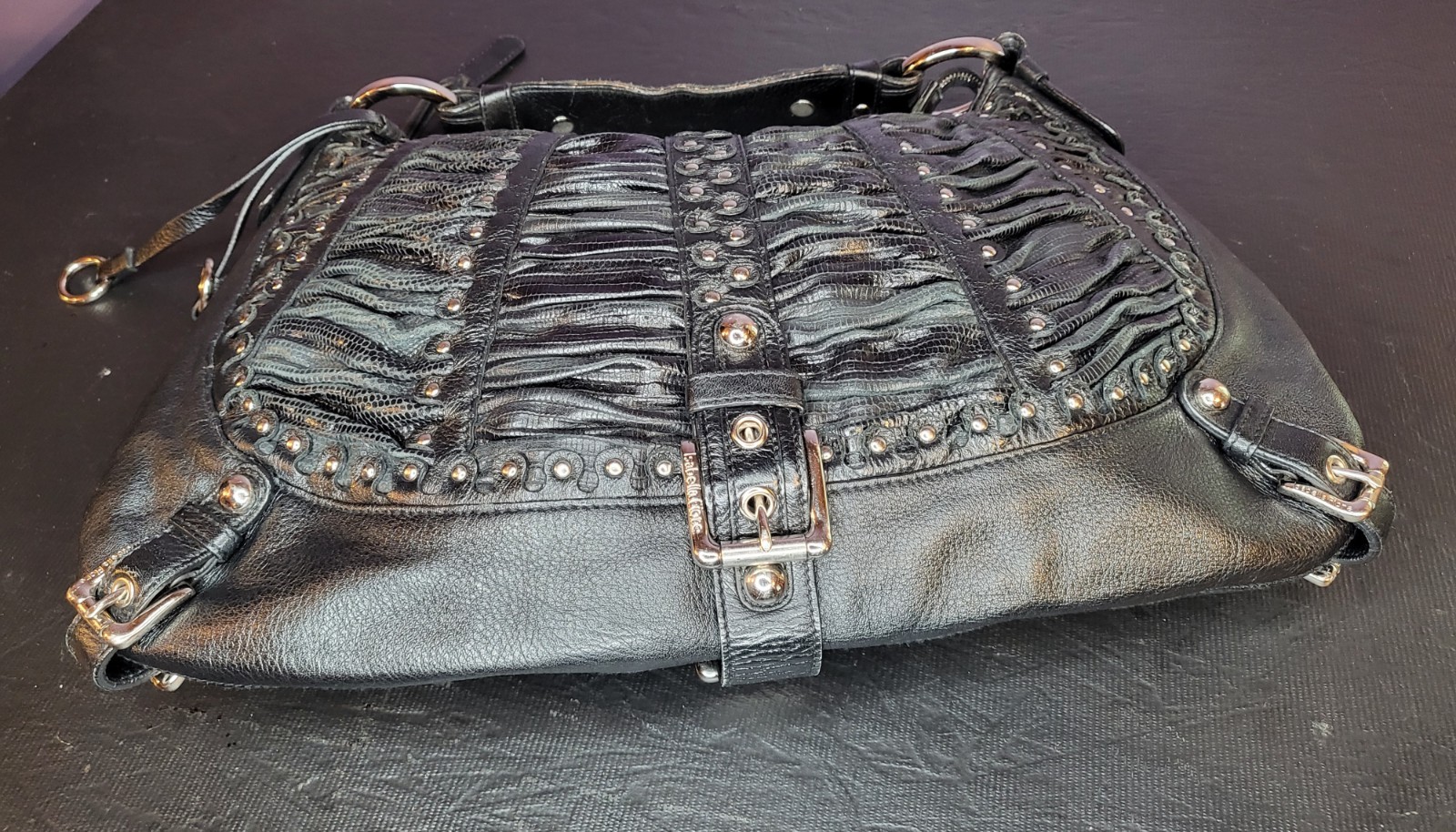 🔥RARE HTF Classic Black Leather Purse Bag Handbag Studs Boho Rock Woman Fashion