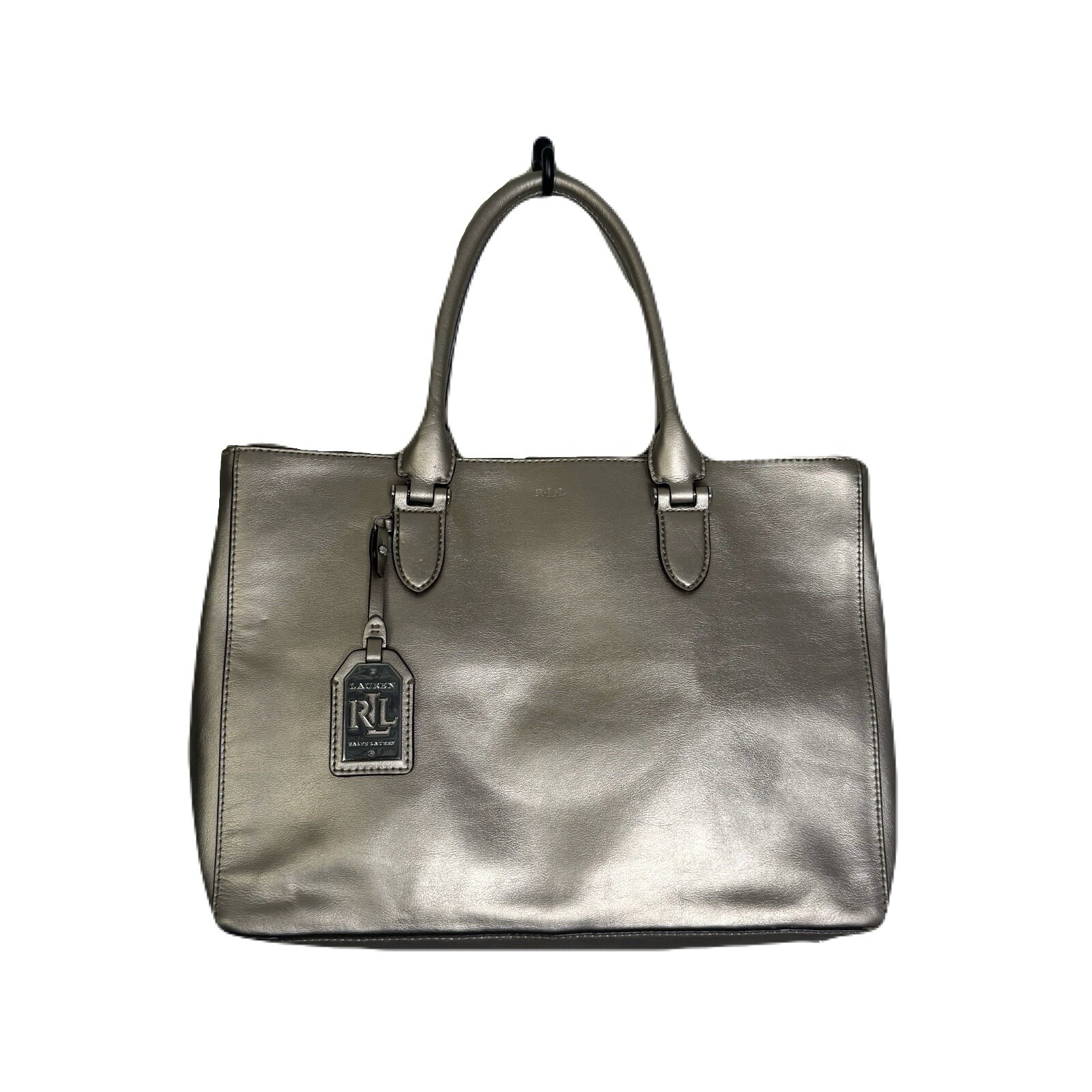 Lauren Ralph Lauren Leather Double Zip Satchel Bag Newbury Metallic Silver Gold