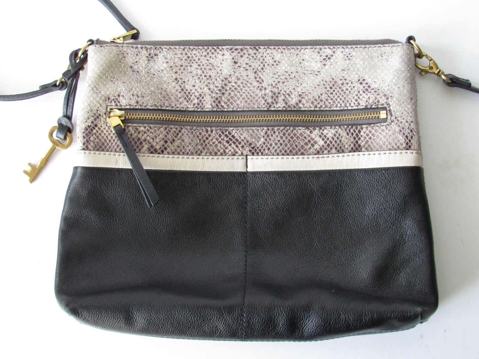 FOSSIL Black Leather CONVERTIBLE Crossbody/Shoulder Bag Detachable Strap Key Fob