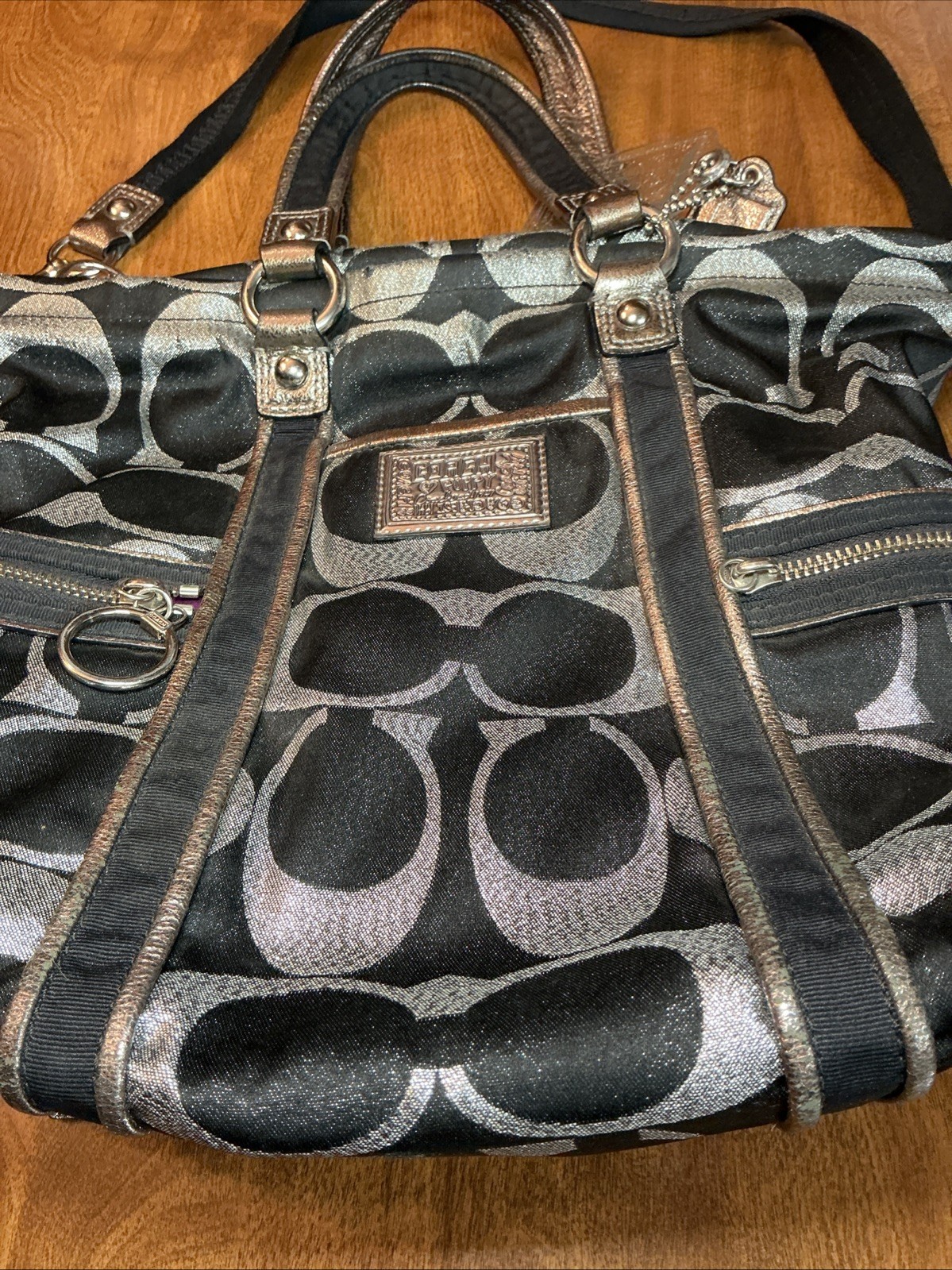 COACH POPPY BLACK & SILVER METALLIC LUREX TOTE- F14434