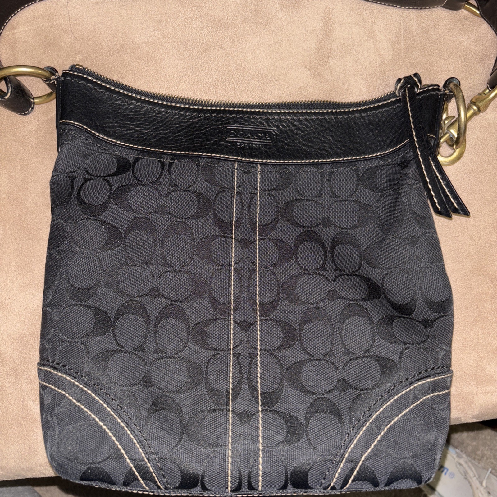 COACH Legacy 10403 BLACK JACQUARD LEATHER TRIM Crossbody Bag Brass EUC
