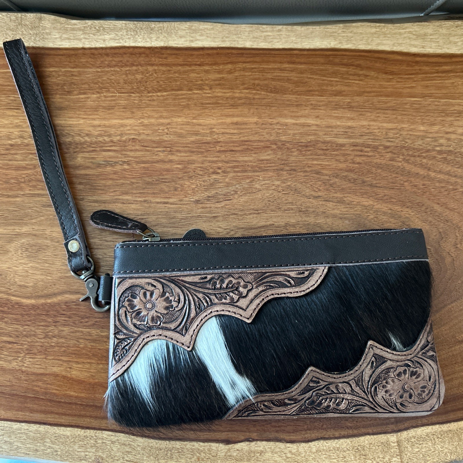 Real Cowhide Wristlet Wallet with 3 zipper pouches- NEW