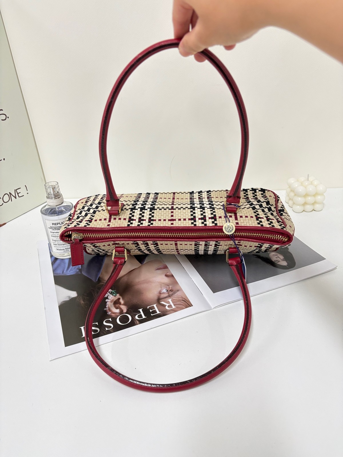 Burberry Horseferry Check Normal Size Beige&Wine Red Woven Leather 2Way Bag Duty