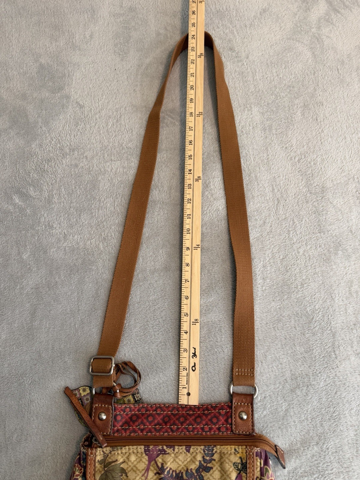 Vintage Fossil Patchwork Print Canvas Tapestry Crossbody Boho Bag w Bird Charm