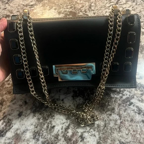 ZAC POSEN Women’s Jewled handbag with Gold Chain strap and Latch Clasp. Classic