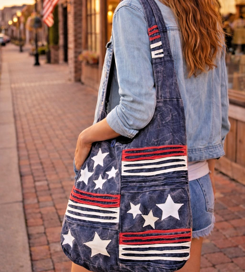 Americana Hobo Bag Large Crossbody Patriotic Shredded Stone Wash Patchwork Purse