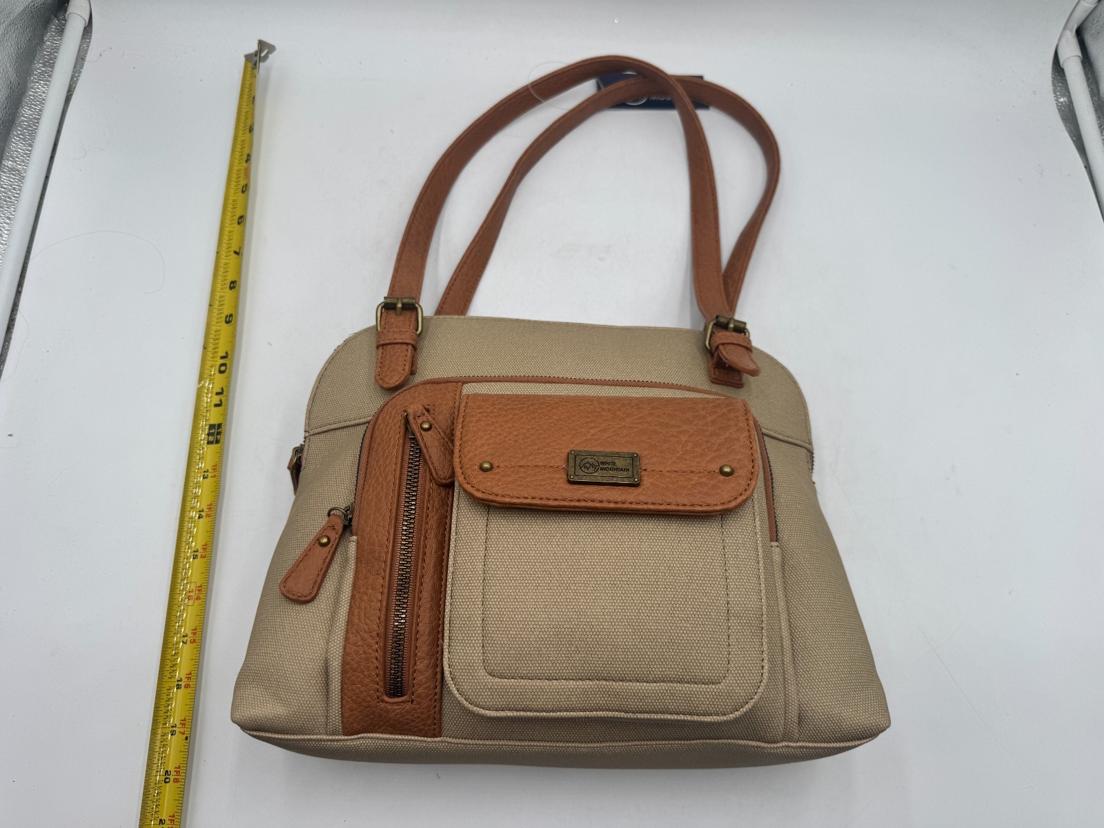 White Mountain Purse Women’s Brown Taupe Canvas Leather Zipper Shoulder Bag