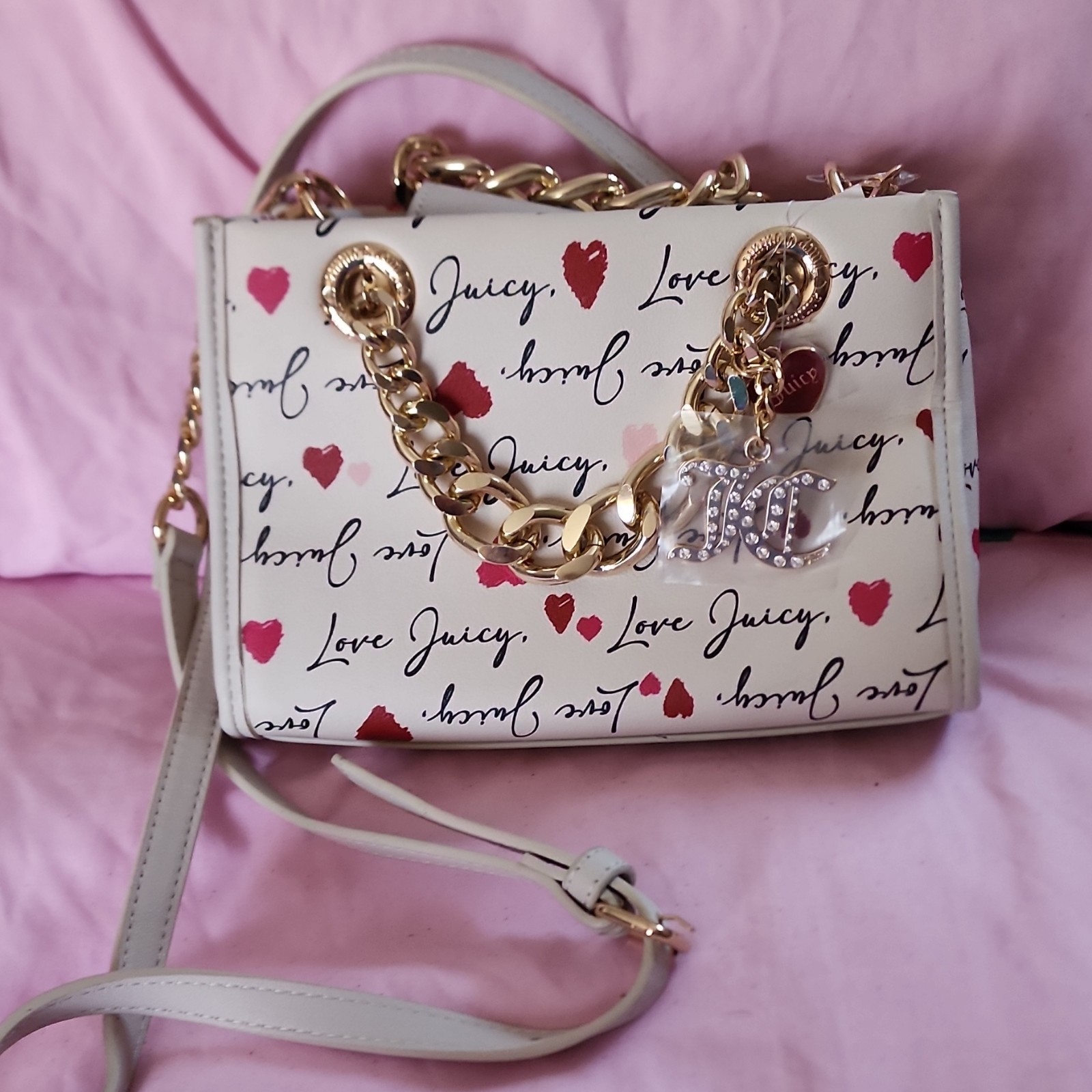 Juicy Couture Heart Print Satchel White Gold Chain Detachable Strap Charm