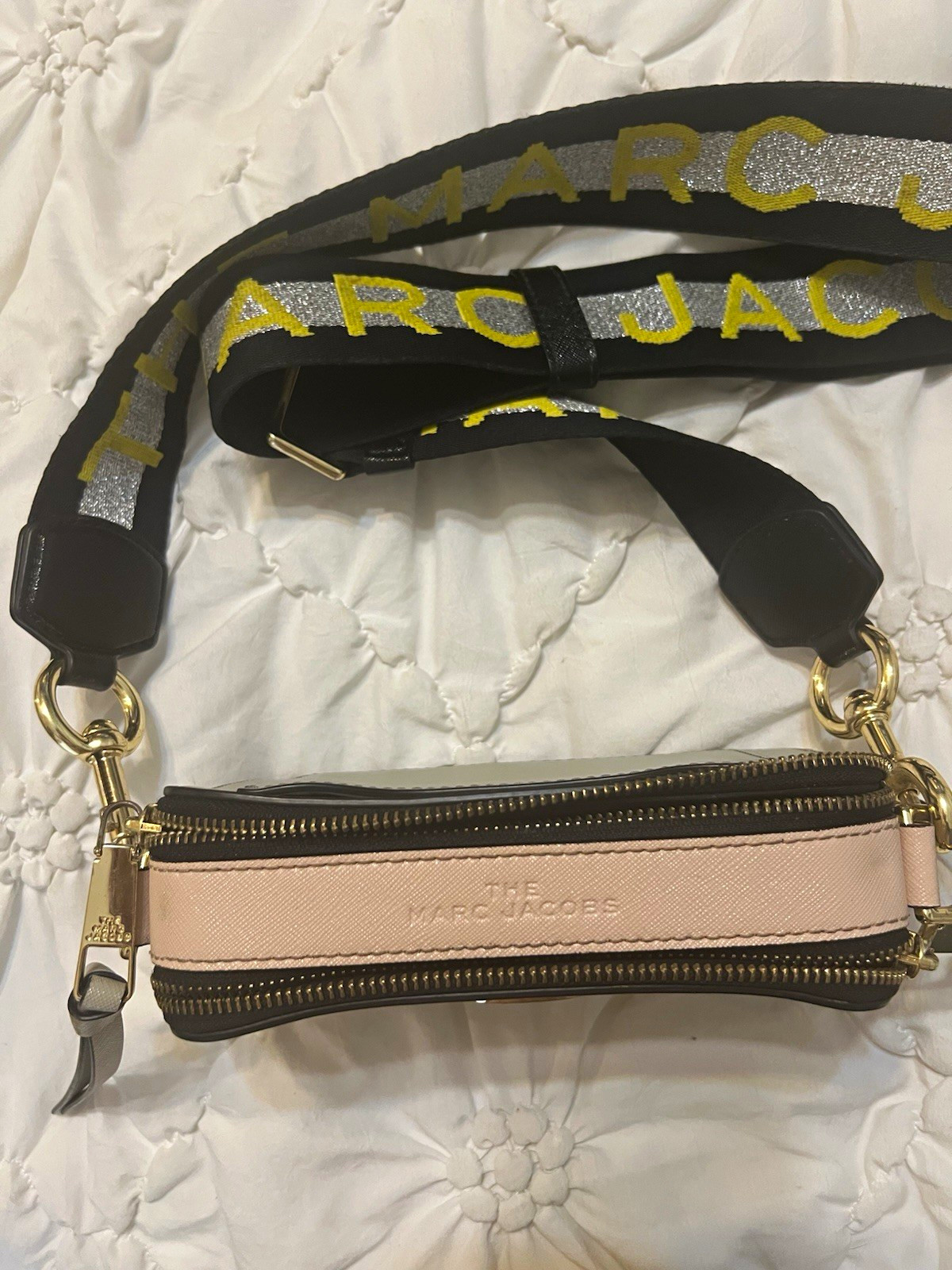 Marc Jacobs Snapshot Colorblock Gray Pink Crossbody Logo Strap Gold Zip