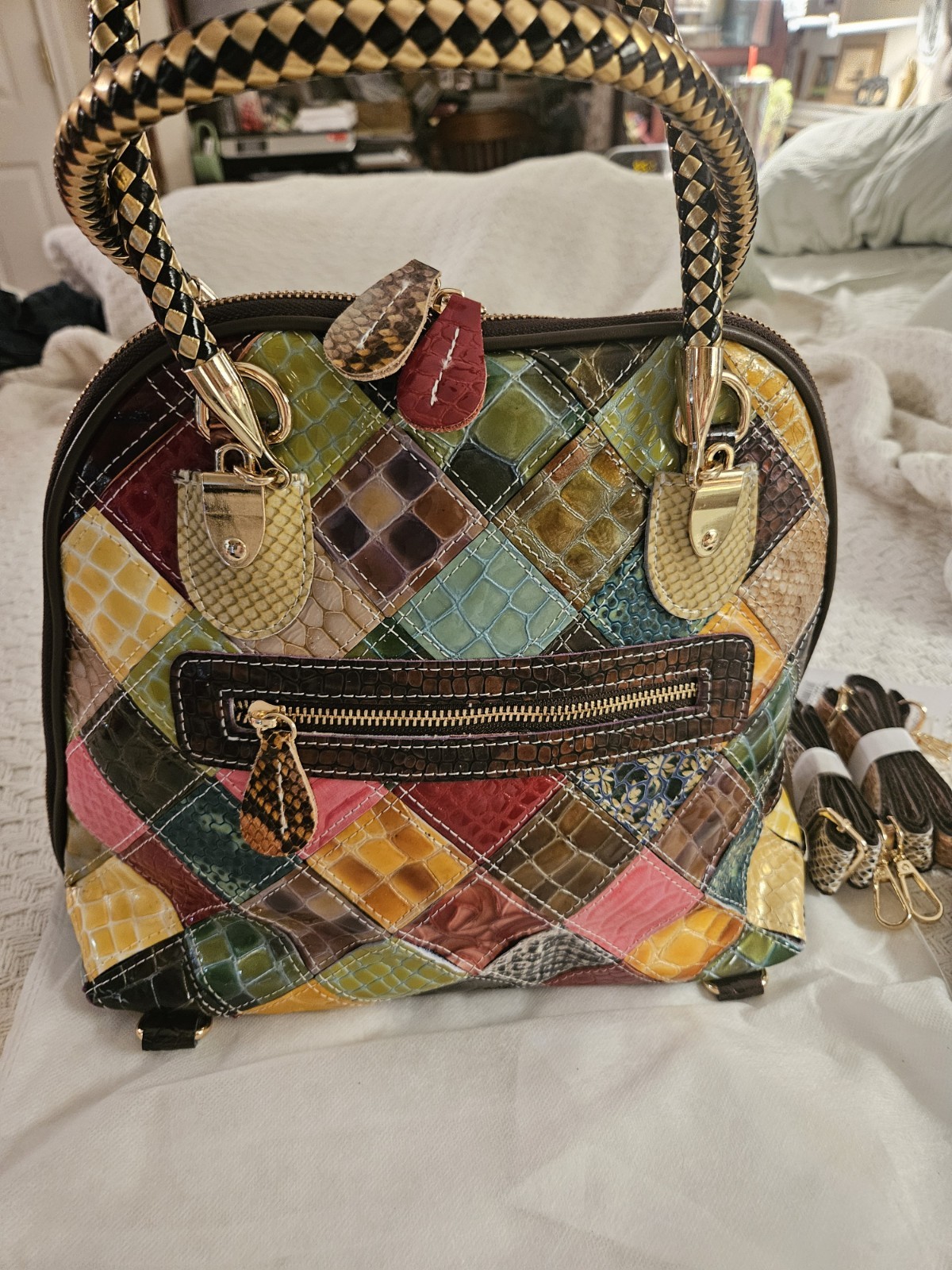 NEW Multi-Color Leather Croco Stitch Satchel Handbag Tote Shldr Bag w/Wallet
