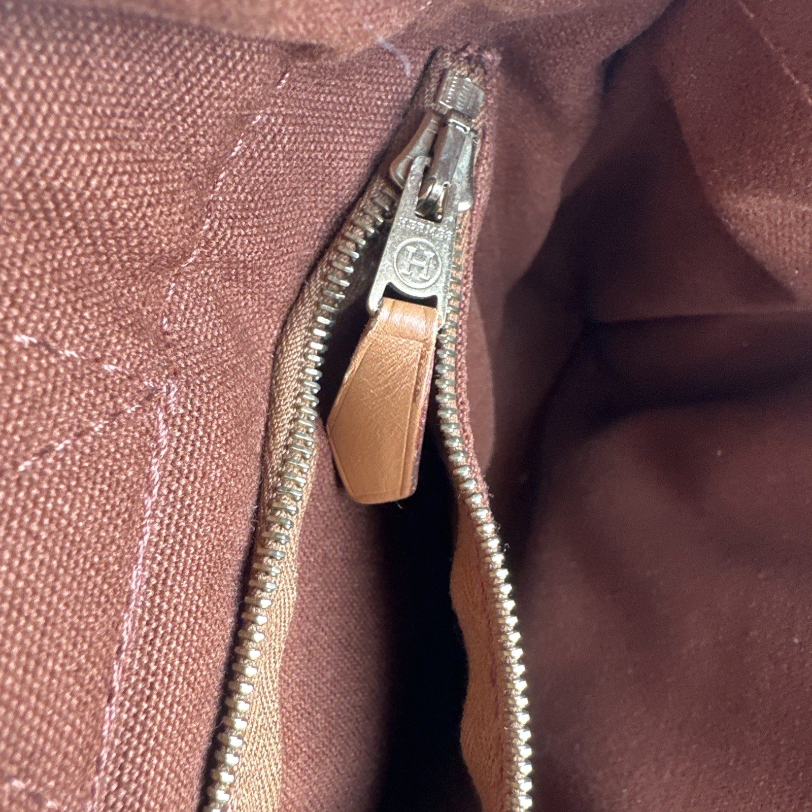 Hermes Fourre Tout PM Canvas Tote Bag Brown Navy Stripe Authentic Snap Closure