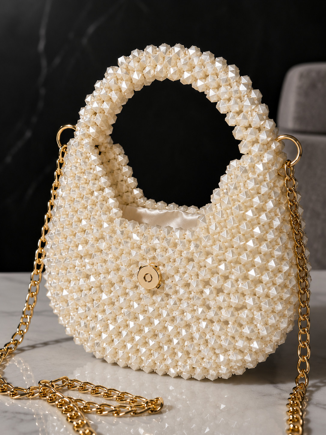 Luxury White Mother of Pearl Crystal Beaded Shoulder Bag – Handmade Evening Purs