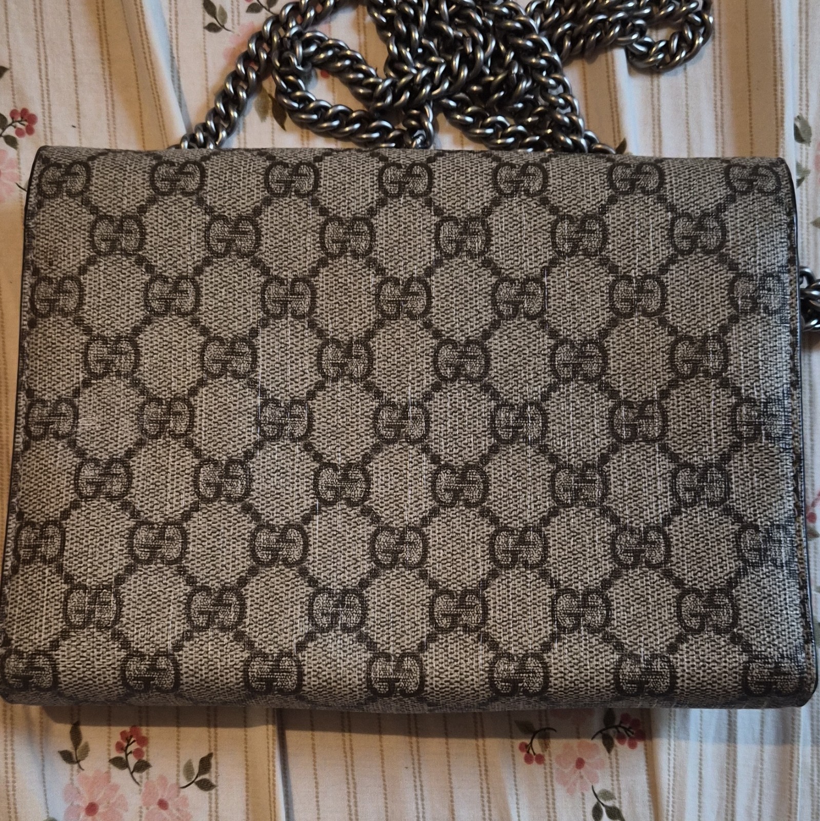 Gucci Small GG Monogram Crossbody Bag Beige/Brown Chain Strap Snap Closure