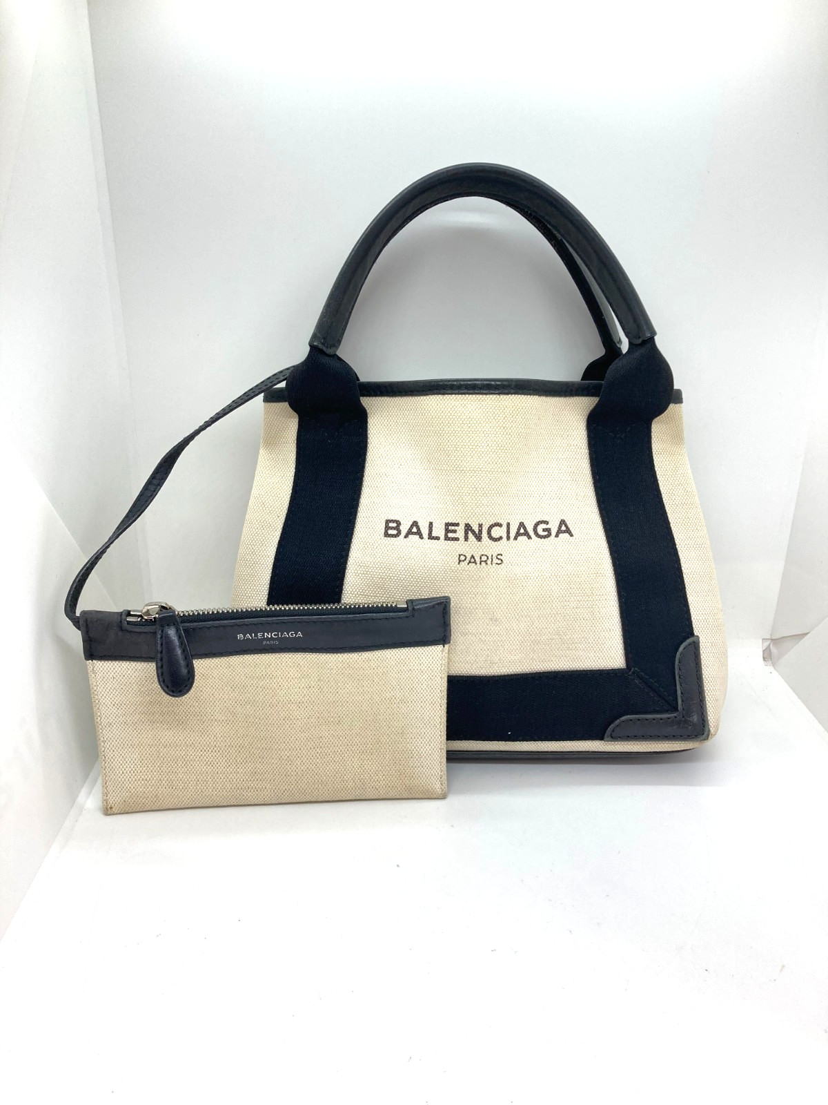 Used BALENCIAGA NAVY CABAS Tote Bag 390346 XS NATURAL Black Pouch Unisex 23103