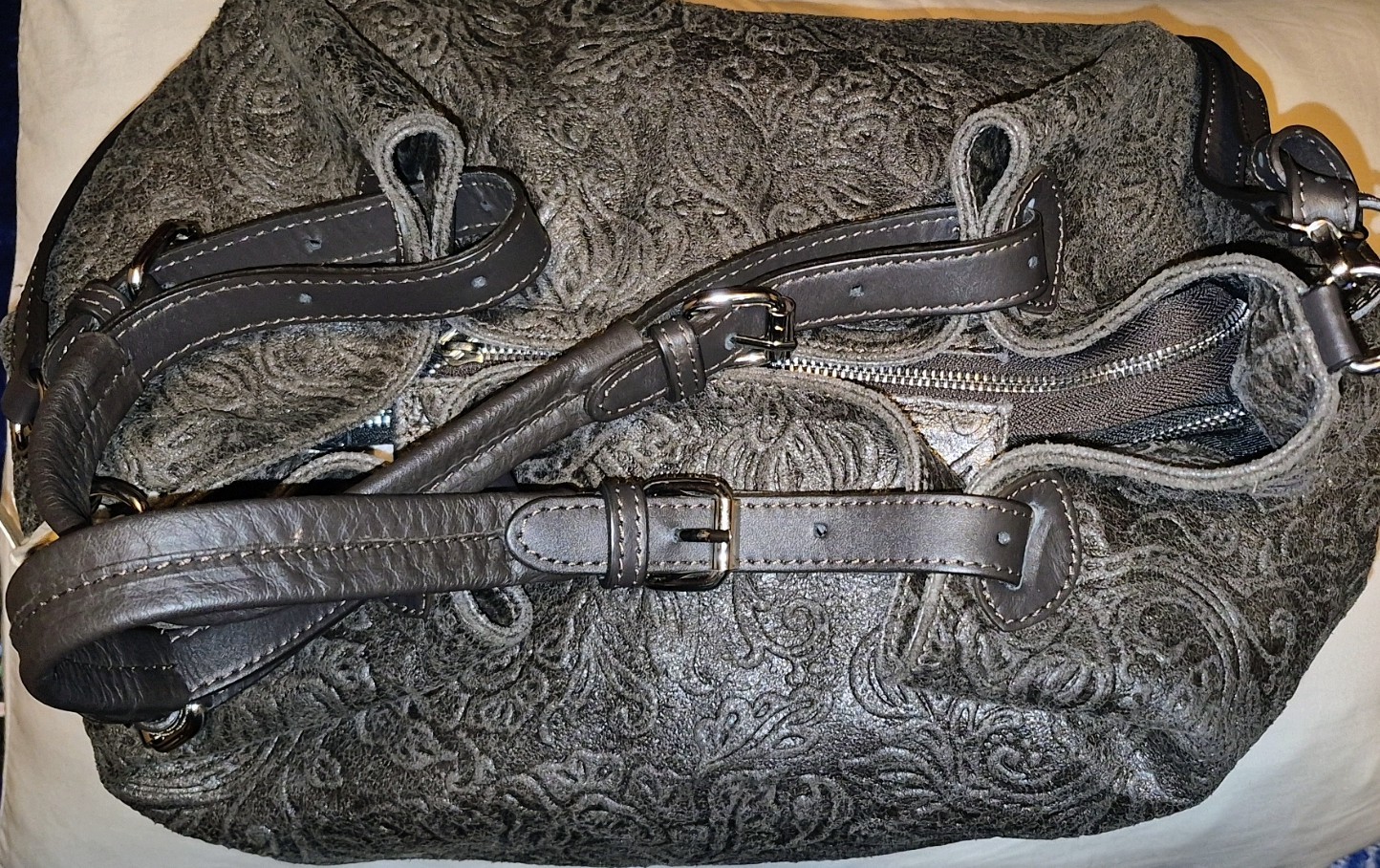NWT ISADORA Bellissimo Tooled Leather Satchel Bag (STL3037) Chocolate