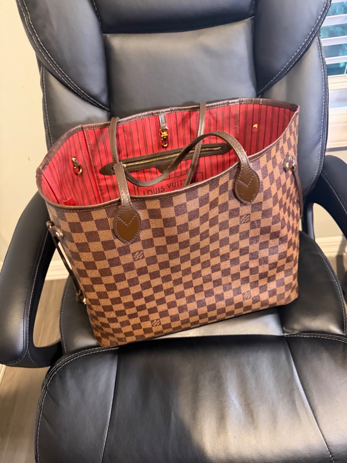 Louis Vuitton Neverfull MM Damien Ebene Tote Bag Red Interior Authentic Pre-Owne