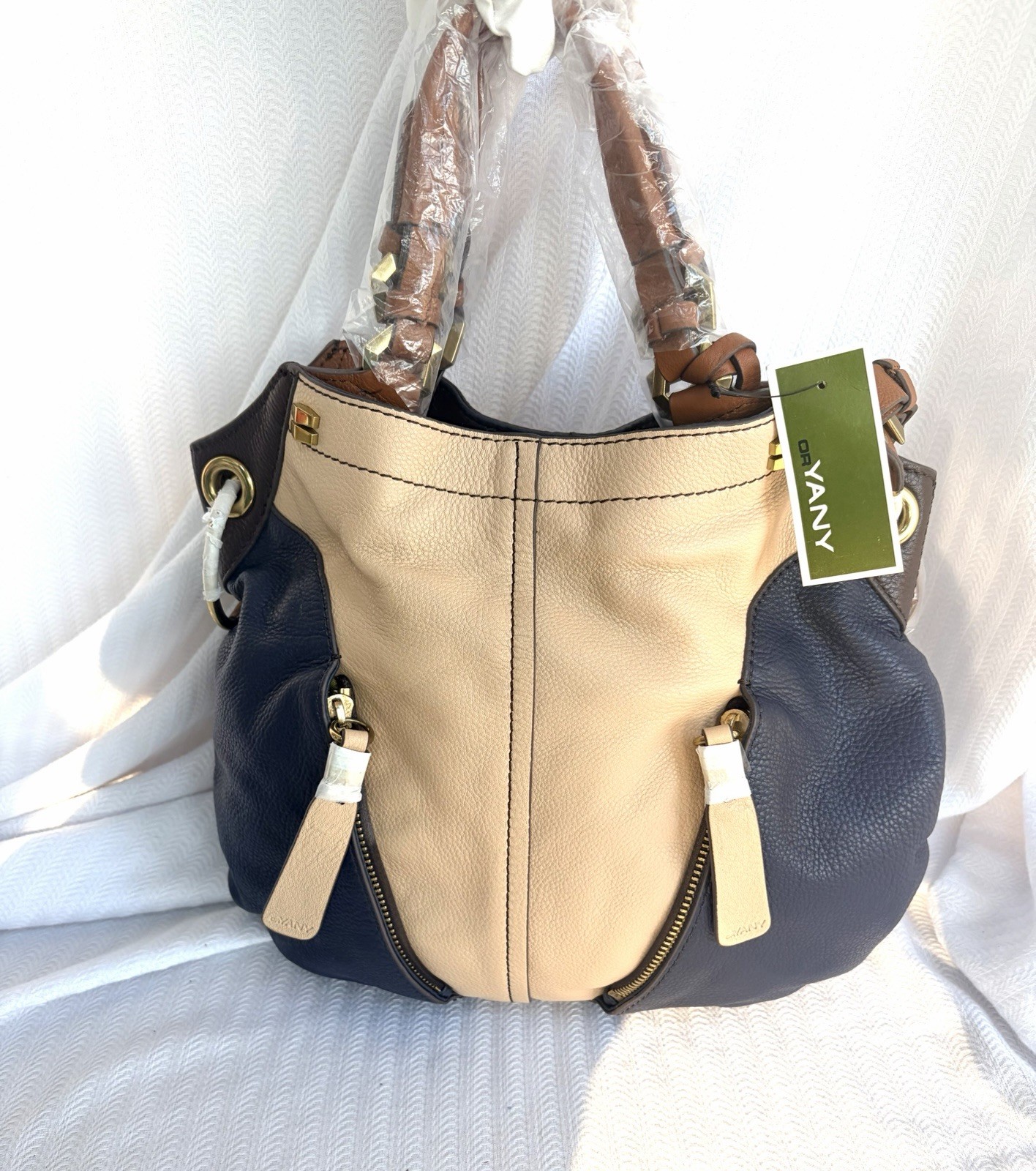 orYANY Leather Hobo Handbag Brown/Taupe/Blue with Gold Accents Large NWT!