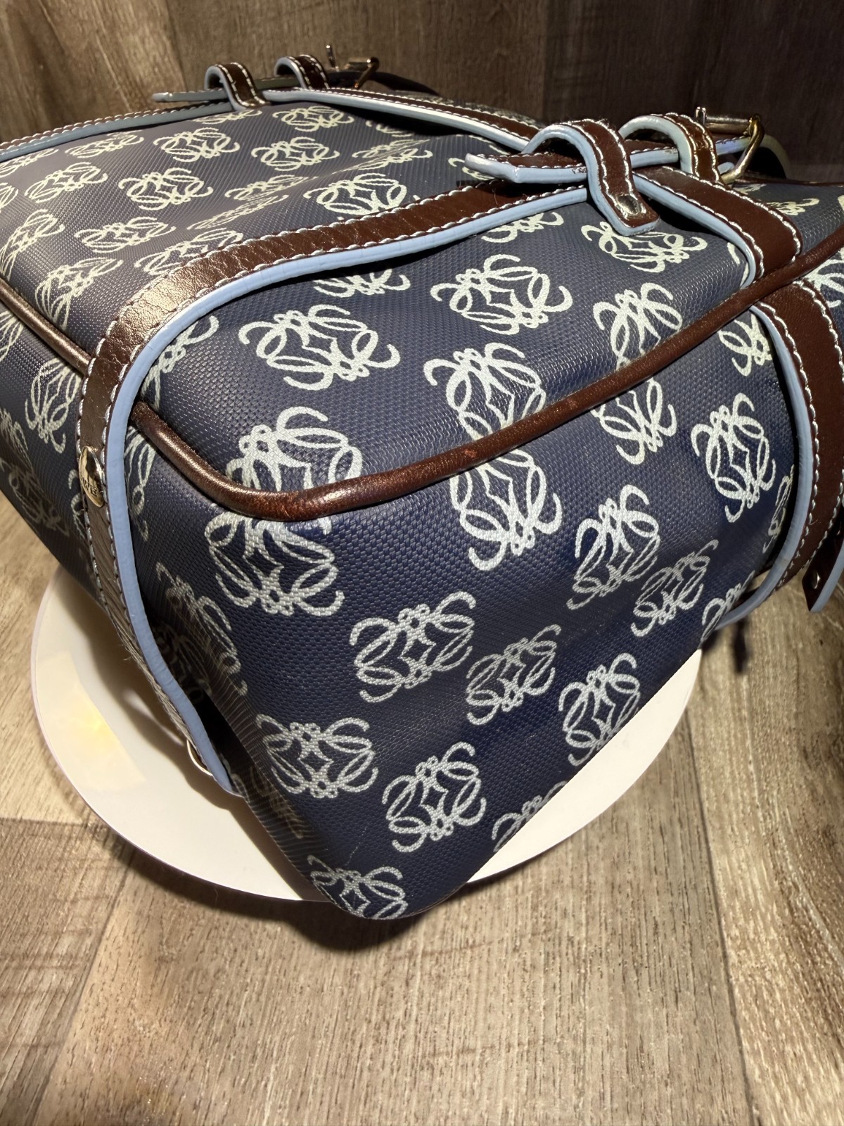 Vintage Authentic Loewe Anagram Boston Bag Blue Canvas with Brown Leather Trim