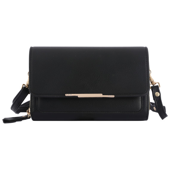 Donna & Becky Leilani Double Zipper Phone Crossbody W/Metal Bar (Black)