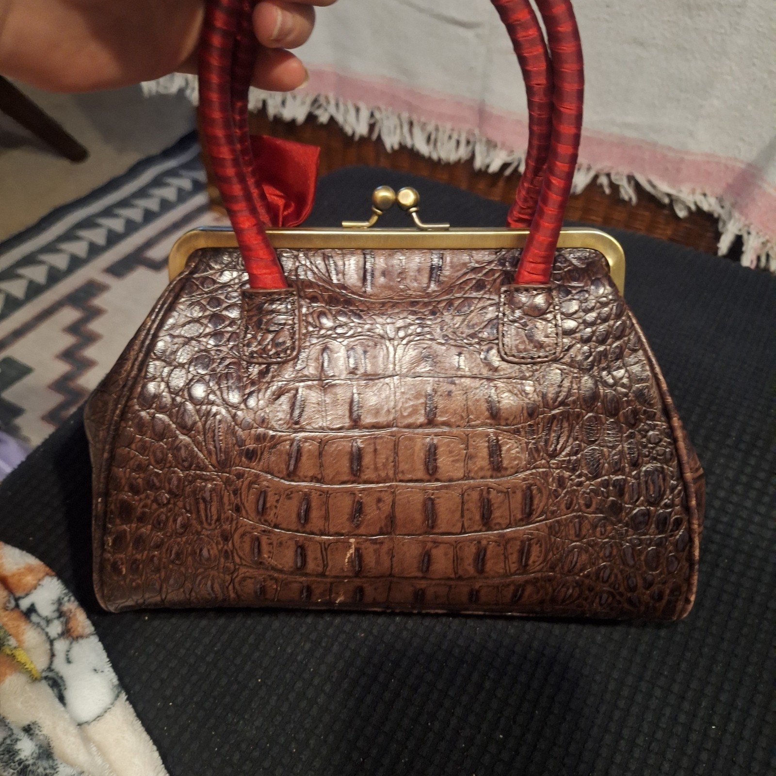 Crocodile Leather Frame Handbag W/ Kiss Lock Closure And Red Handle