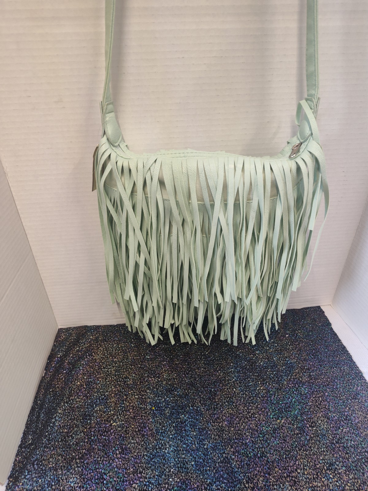 Mint Faux Fringe Purse 44 inch Fixed Strap. Zipper Closure