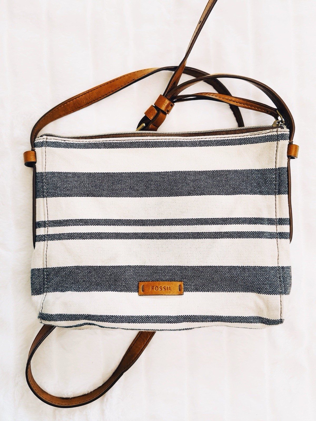 Fossil Canvas Stripe Crossbody Bag Cream Navy Leather Trim Adjustable Strap