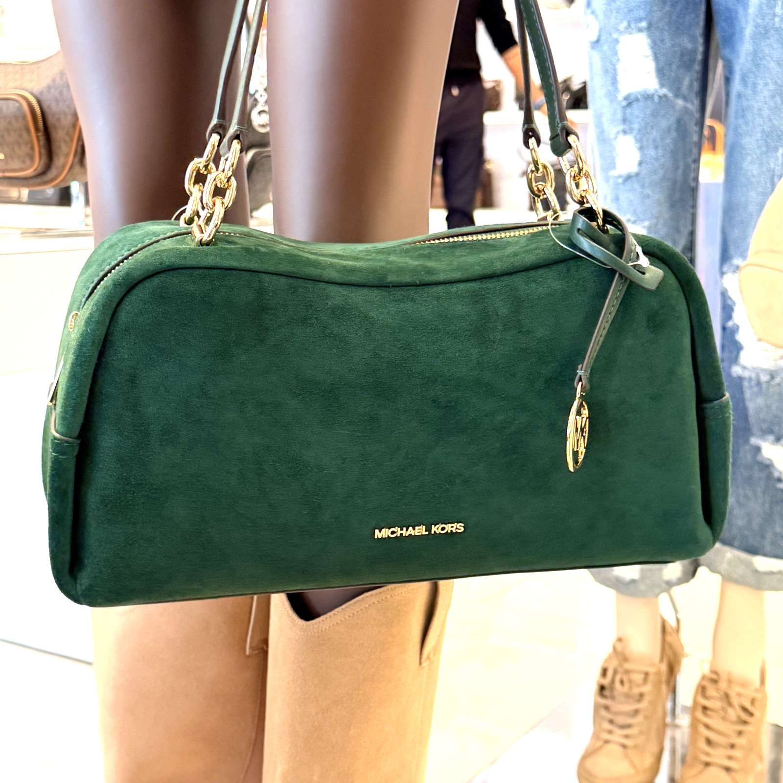 Michael Kors Cecily Medium Shoulder Purse Bag Suede Leather Moss