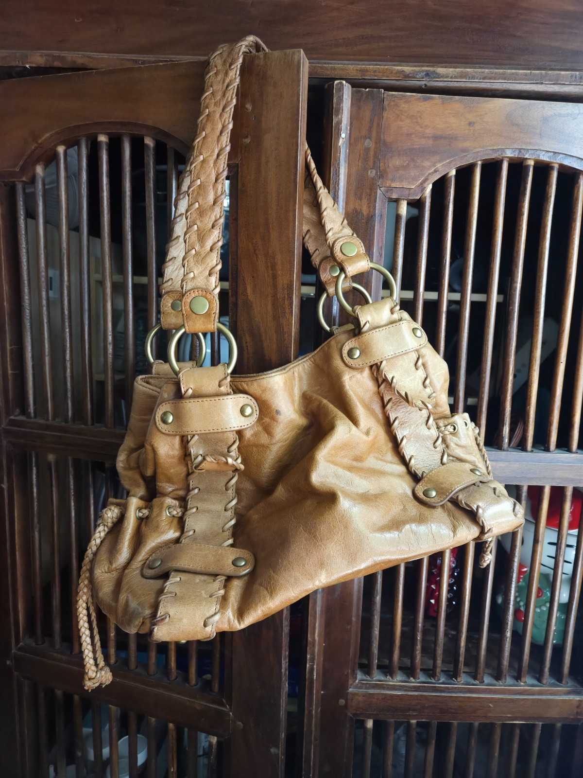 Kooba Sienna Leather Bag Whip-stitch Antique Tan Brown Shoulder Purse