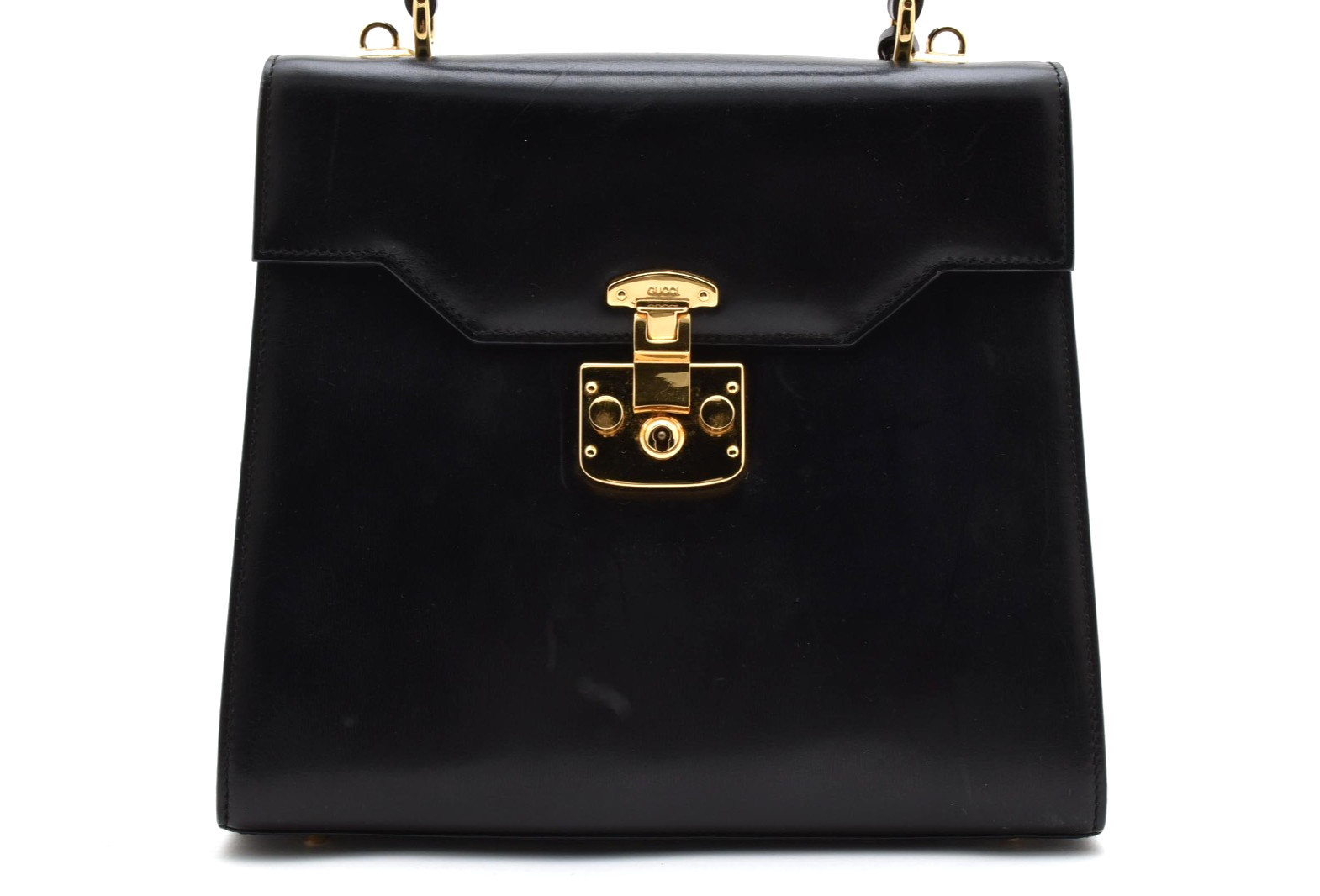 GUCCI Lady Lock Top Handle Bag Purse Black Leather Gold Vintage Authentic