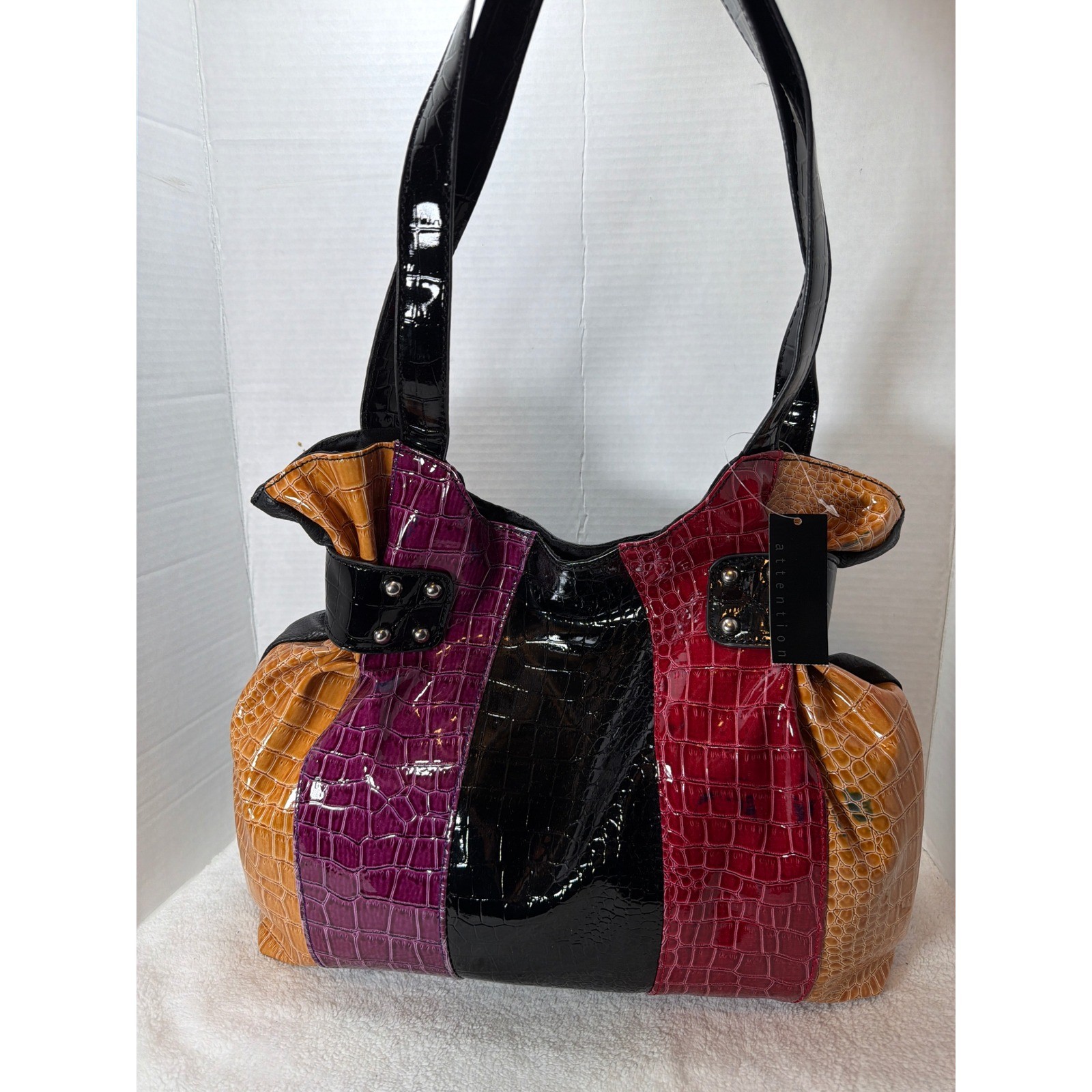 VTG NWT Y2K Attention Women’s Multicolored Faux Croc Patent Leather Tote Bag