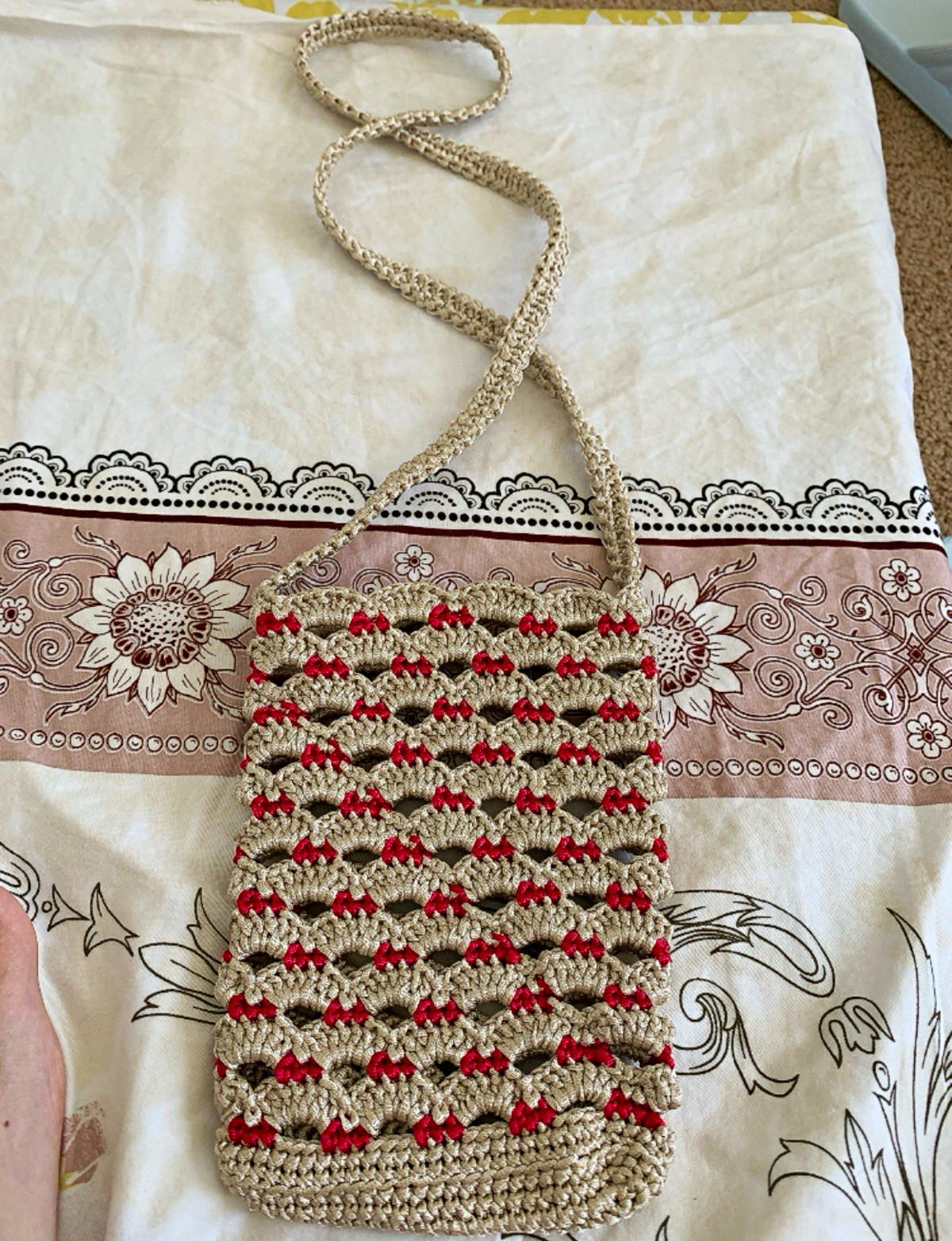 Handmade Beige & Red Crochet Crossbody Bag Purse, Lightweight, Rectangle