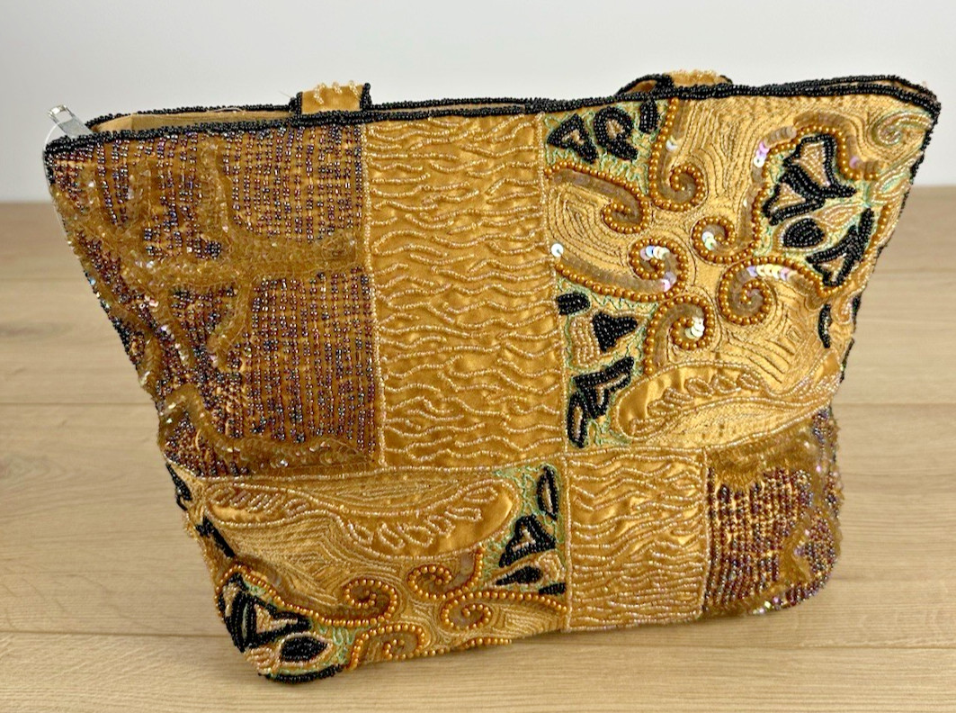 Beaded Sequin Evening Handbag Gold/Black/Brown, Shoulder Purse 100% Viscose