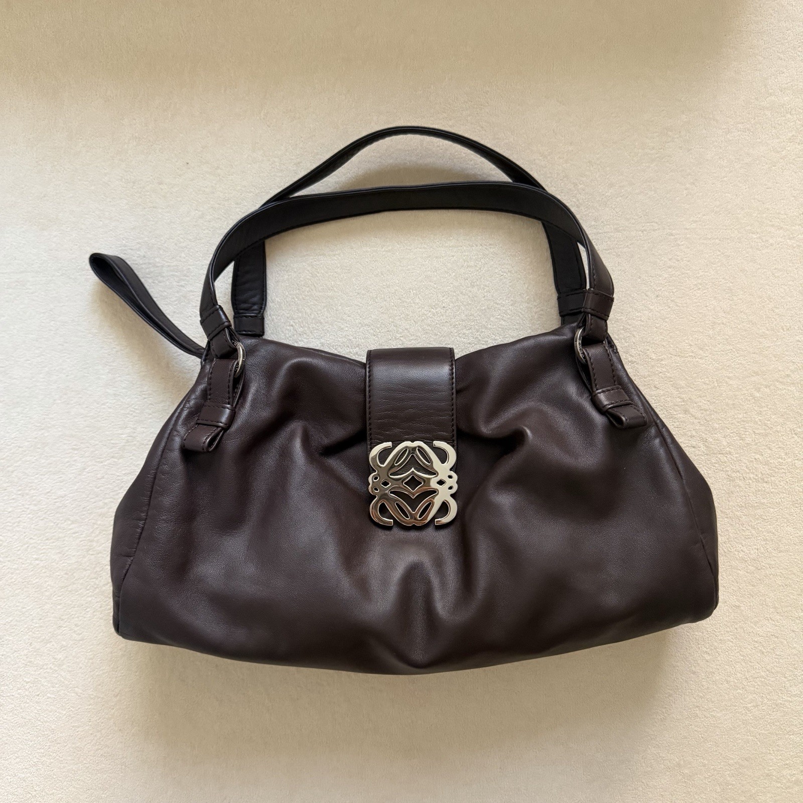 Loewe Vintage Anagram Dumpling Shoulder Bag In Chocolate Brown + Silver Hardware
