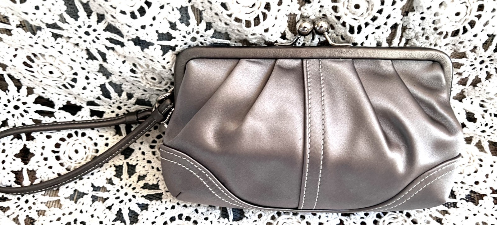 COACH Gray Satin w Leather Trim Evening Wristlet w Coach Fob w Faux Diamonds (NW