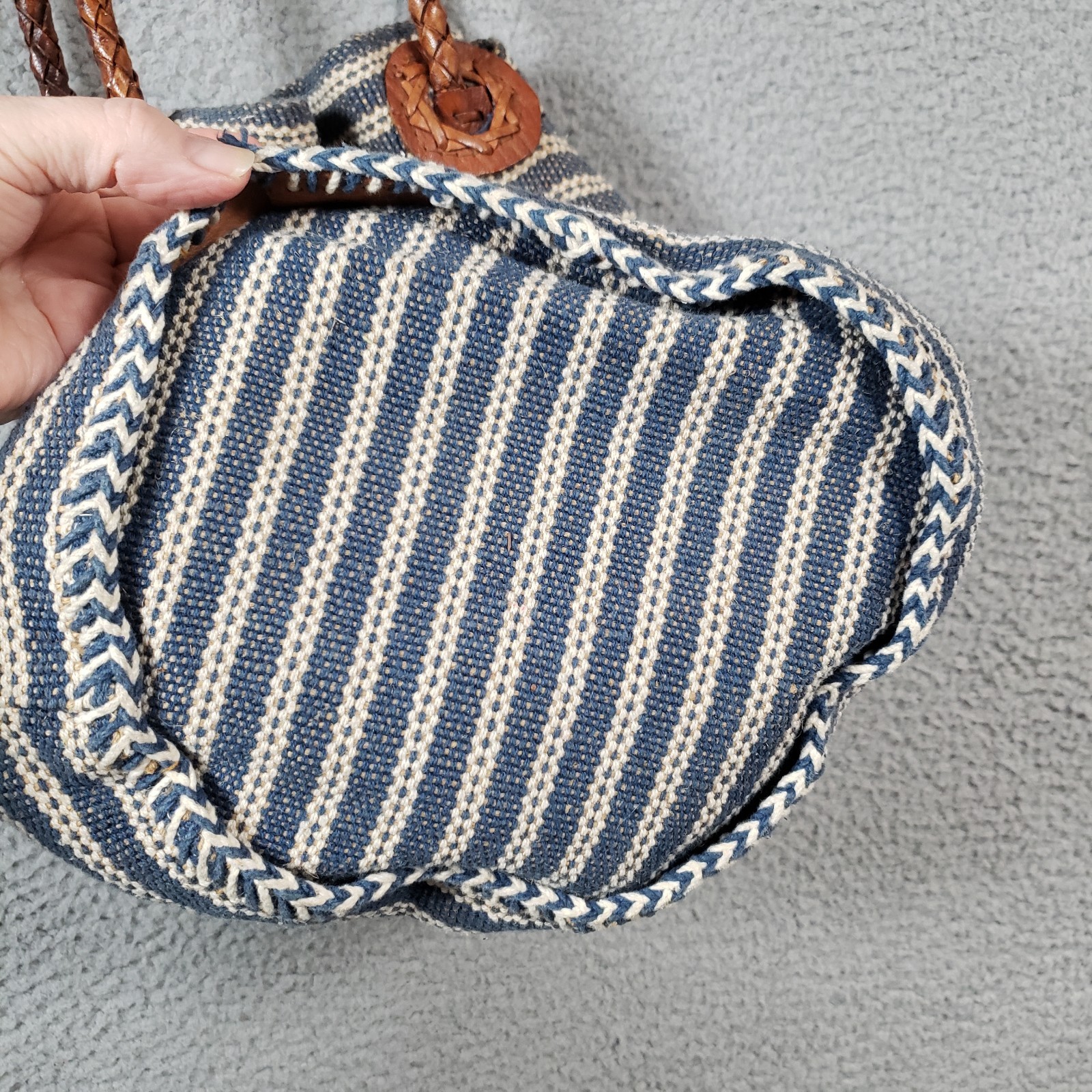 Boho Drawstring Bucket Shoulder Bag Striped Cotton Jute Braided Leather Beach
