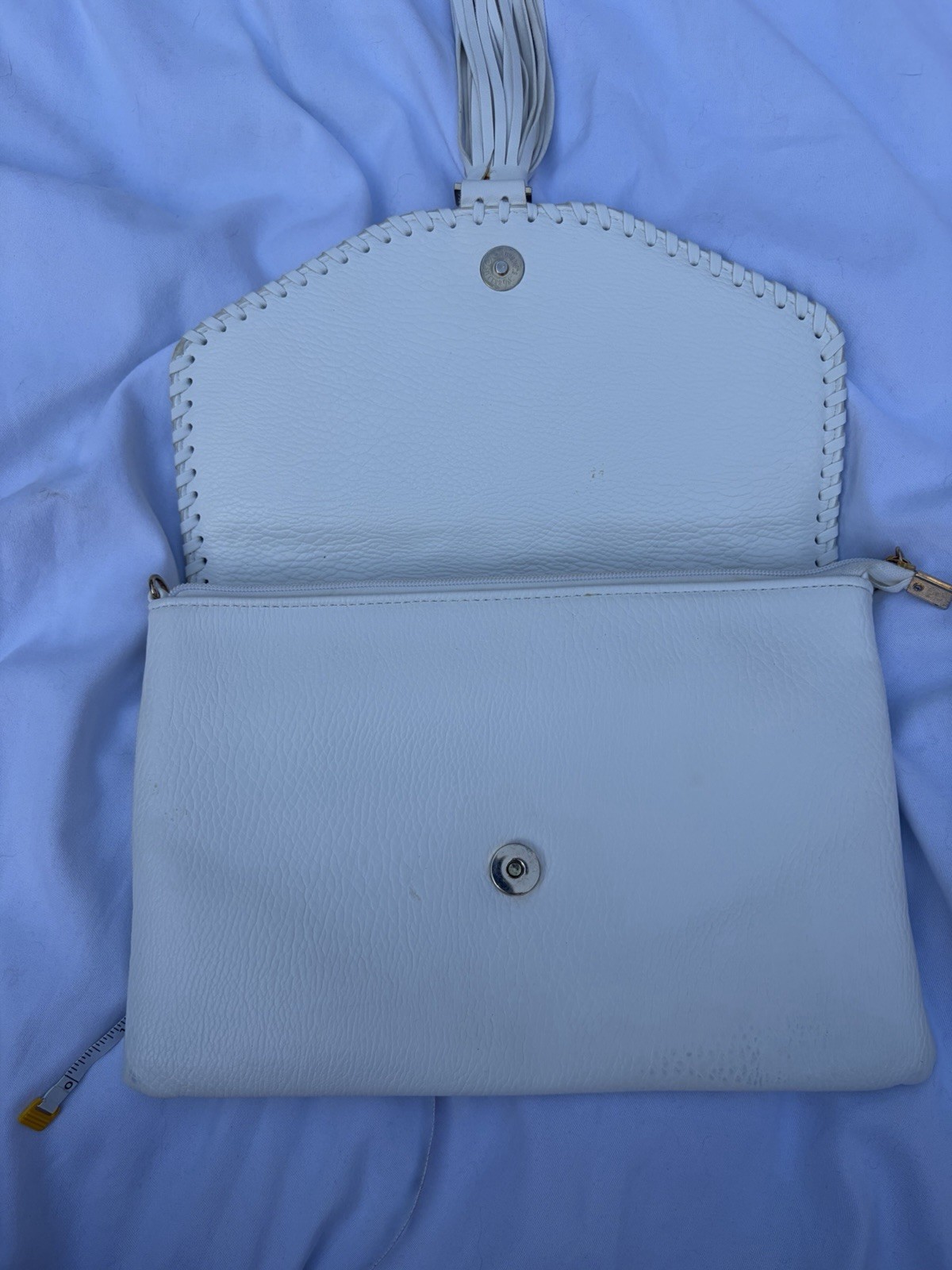 White Woven Envelope Oversized Clutch Bag Boho Tassel Whipstitch Purse