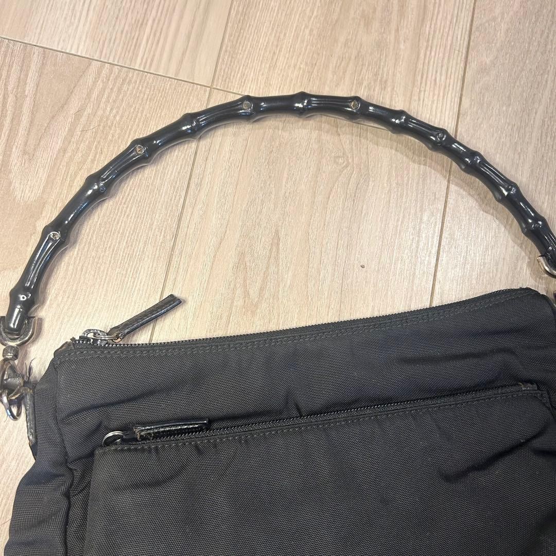 Authentic GUCCI Bamboo Handle Nylon Shoulder Bag Black 28cm x 24cm x 11.5cm