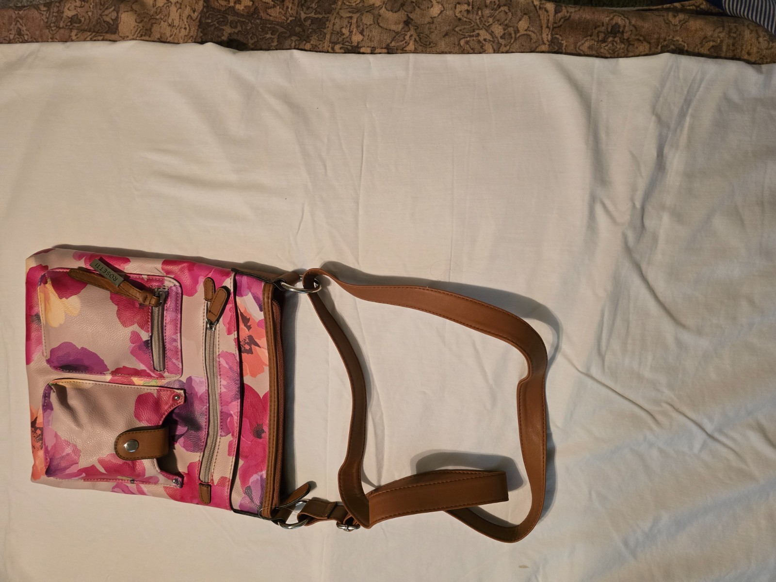 Rosetti new Floral Crossbody Bag NWOT pink purple multipocket faux leather purse