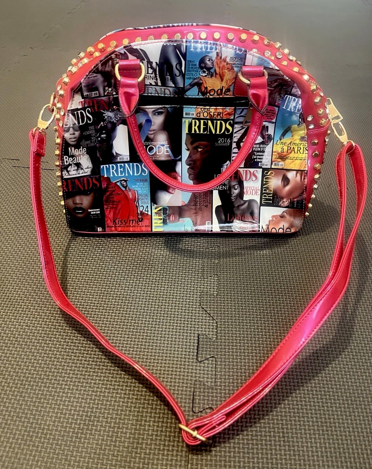 bebe Magazine Print Dome Satchel Top Handle Red Studded Zip Crossbody Strap