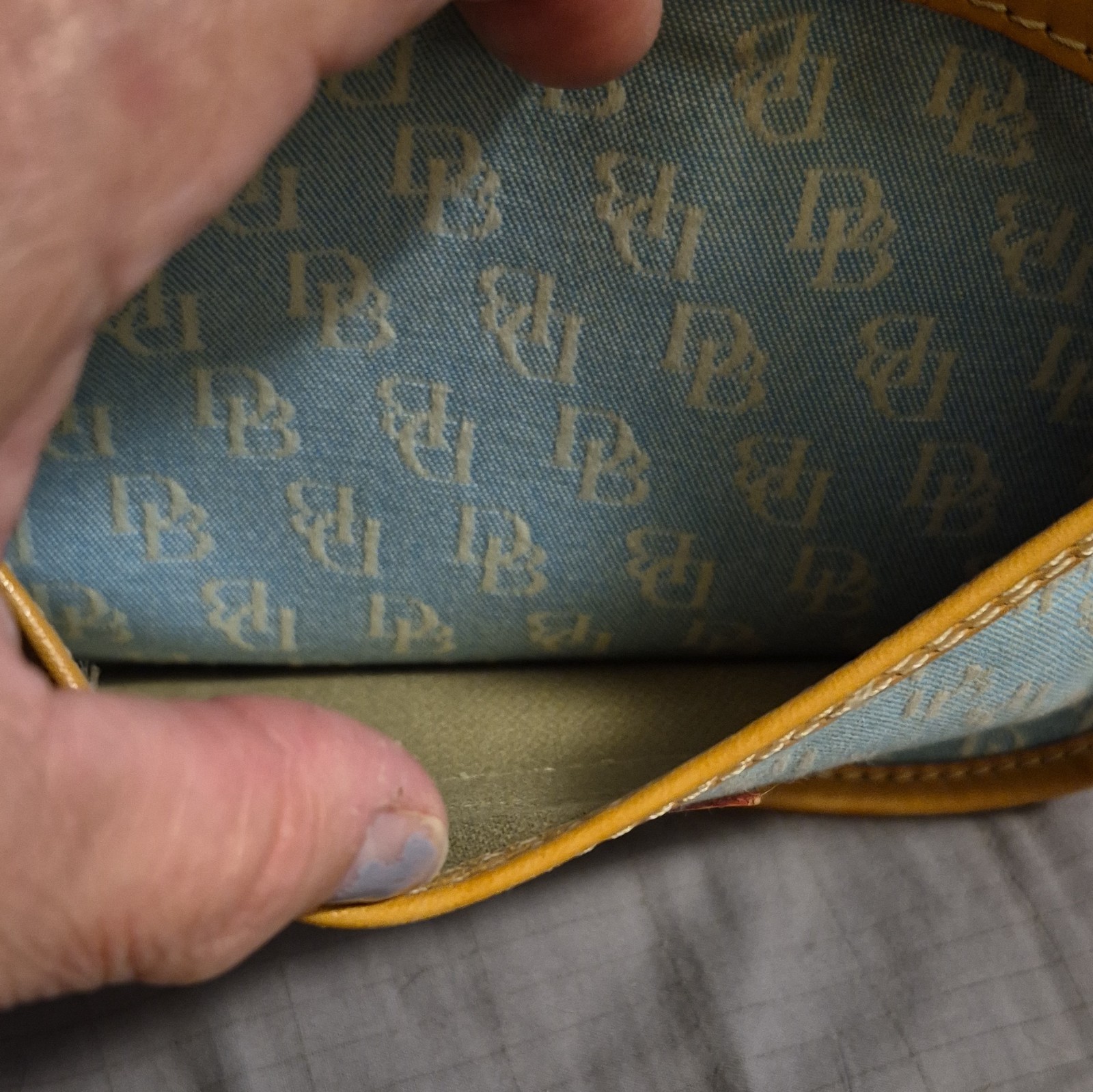 Vintage Dooney & Bourke Light Blue Denim DB Monogram Canvas Saddle Crossbody Bag