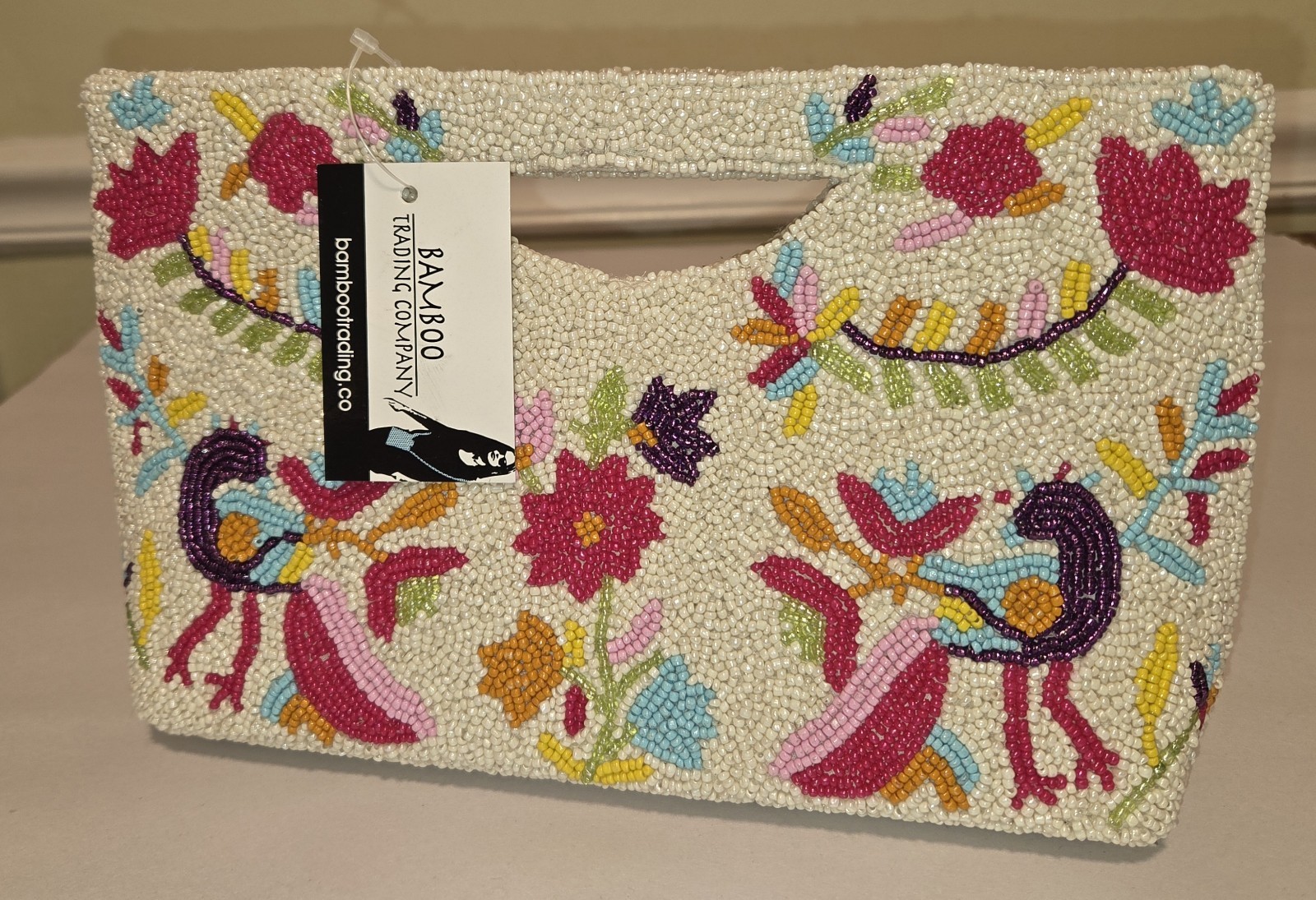 Beaded Peacocks Flowers Clutch Purse Flora Half Moon Style Bamboo Trading Co NWT