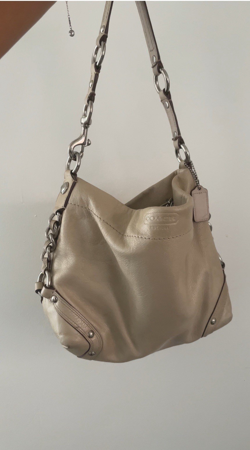 Coach Beige Crescent Shoulder Bag Silver Chain Carly Bag
