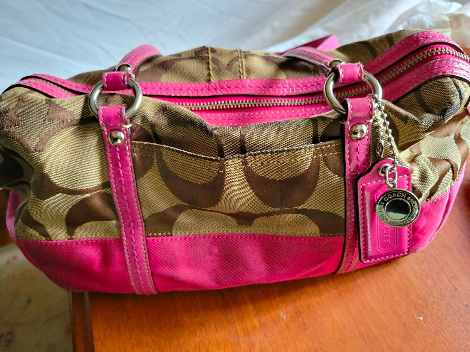 Coach Signature Logo Beige Brown Pink Satchel Top Handle Zip Lined Pockets