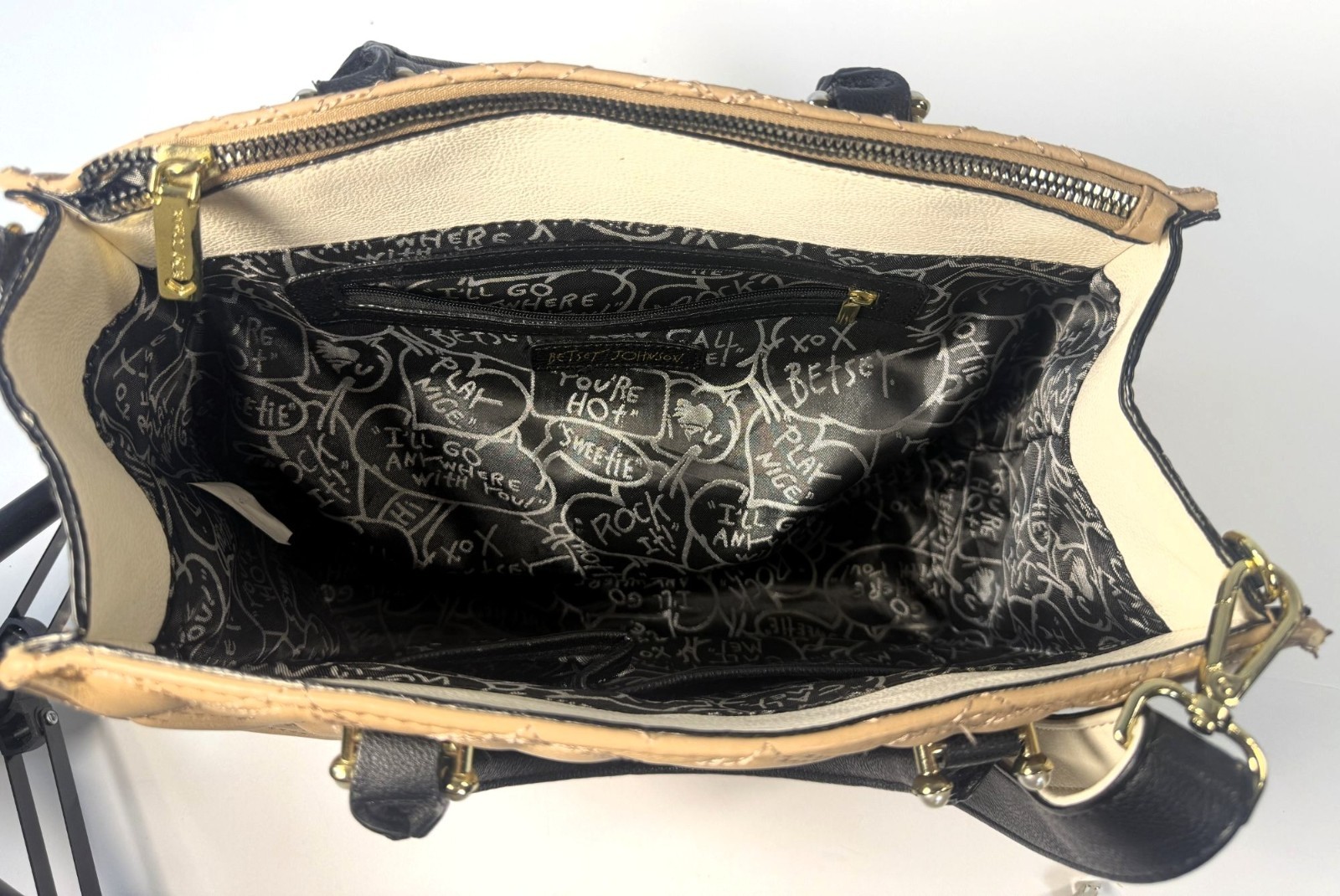 Betsey Johnson Kitsch Face Be Mine Tan Heart Quilted Satchel Crossbody Purse