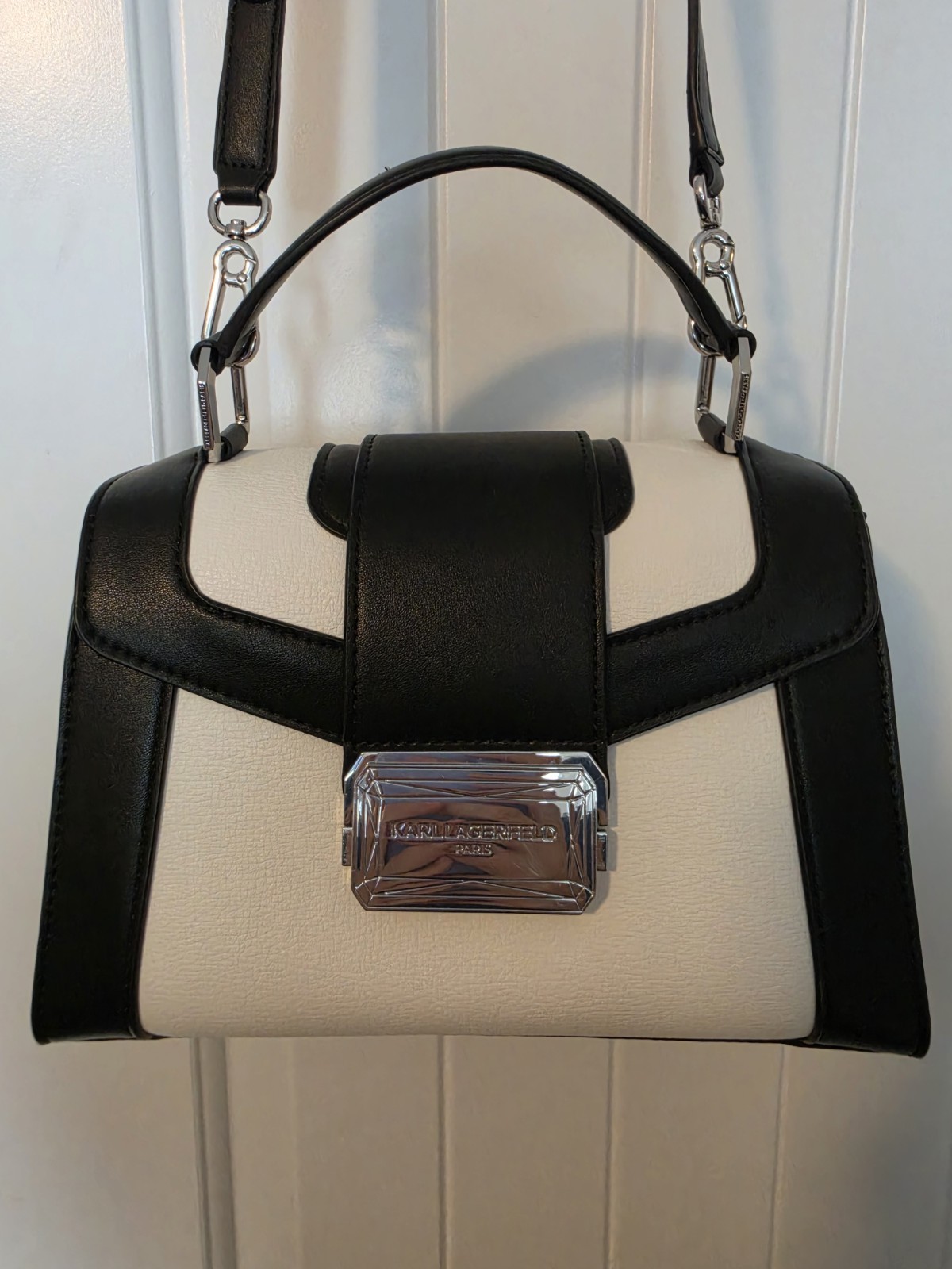 Karl Lagerfeld Paris Black & White Colorblock Satchel Crossbody Bag.